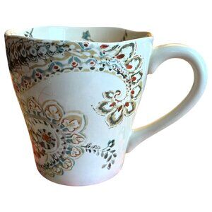 222 FIFTH Indira Porcelain Coffee Mug Cup Scalloped Rim Blue Orange Tans Ivory